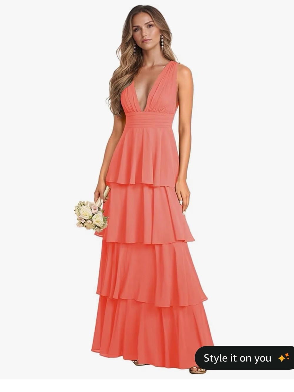 Coral V-Neck Tiered Maxi Dress